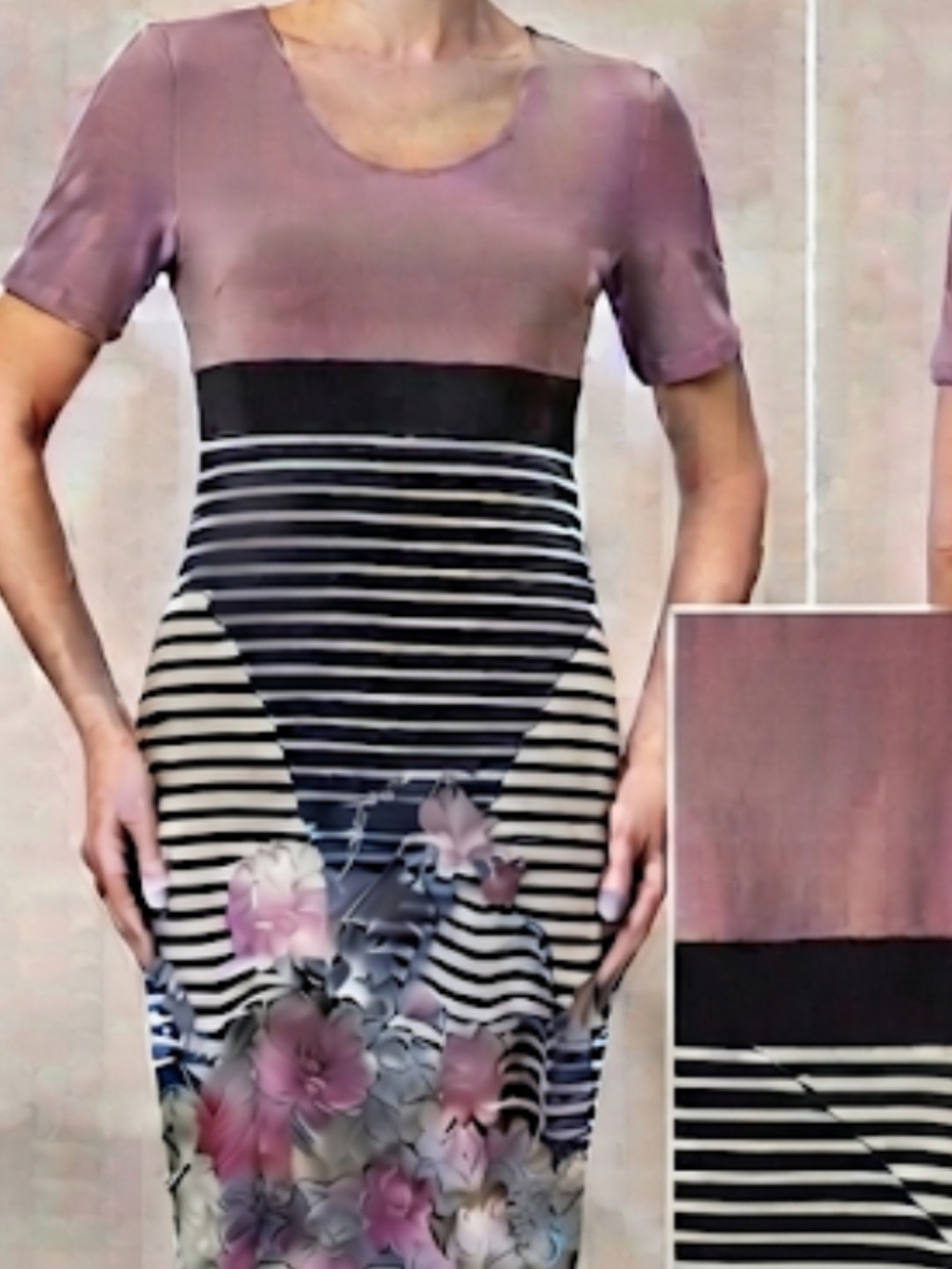 Elegant Women's Colorblock Bodycon Midi Dress - Dusty Mauve & Black/White Stripe